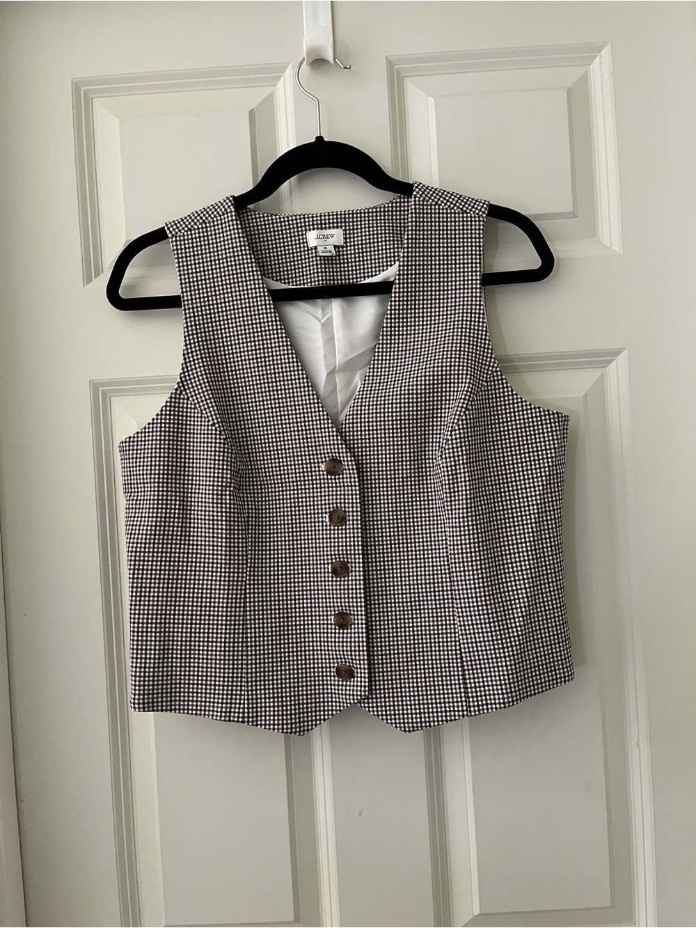 Women’s J.Crew Houndstooth black brown white checked V Front Button vest lined 8